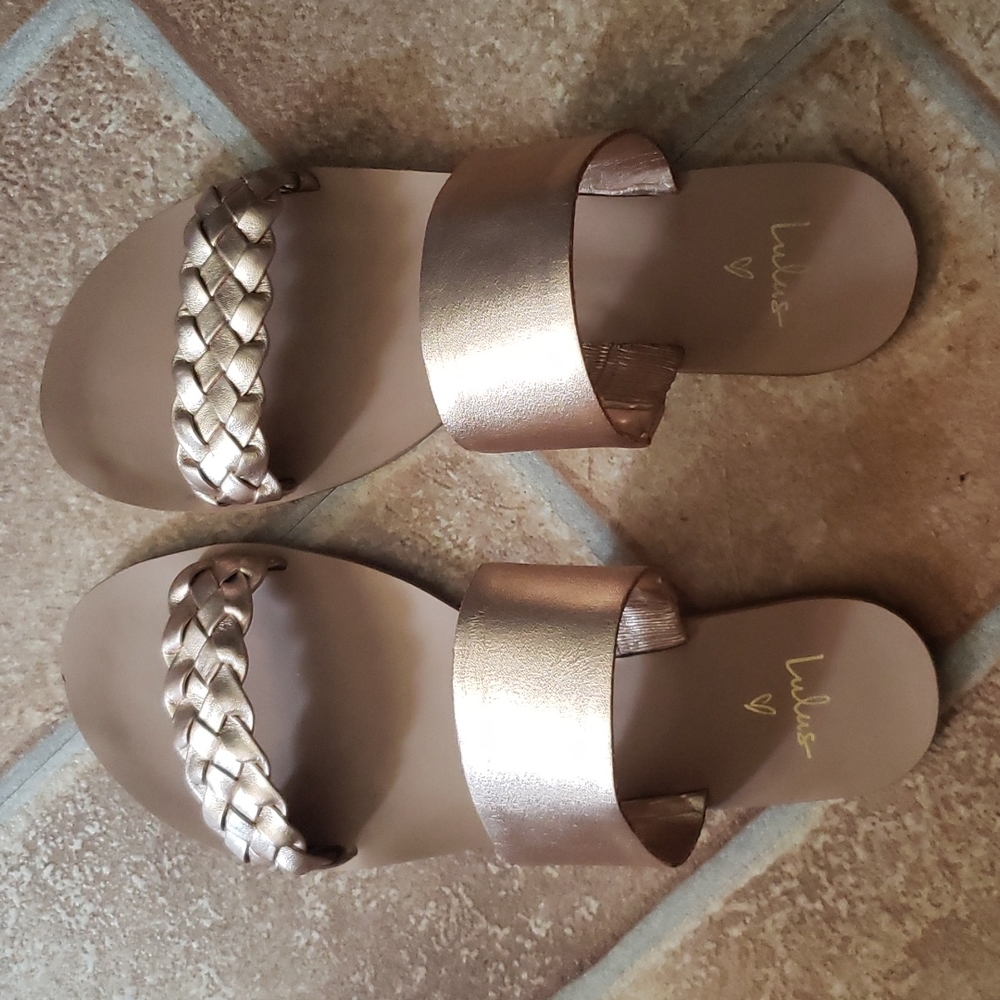 Lulus CAYLEE LEATHER SANDAL ROSE GOLD SLIDE - Picture 5 of 11